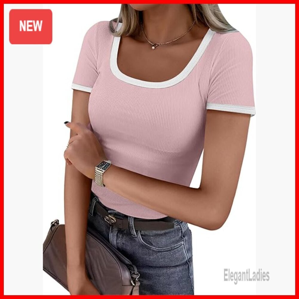 Short Sleeve Ribbed Knit Square Neck Fitted Tee, Size Up